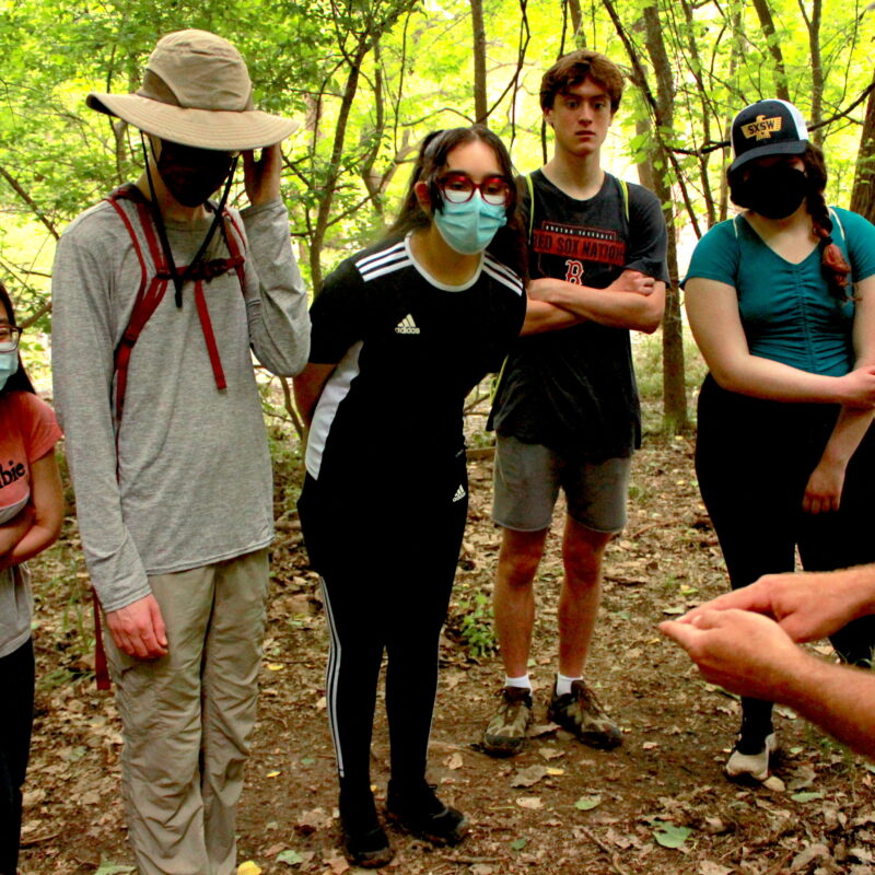 high school students standing in a forest gather around a presenters hand to observe a seed